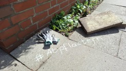 Auf Betonplatten steht #abpflastern. Zwei der Platten sind angehoben, darunter kommen Pflanzen hervor.