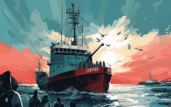 Eine gemaltes Bild von einem großen Fischereiboot im Meer. Hinter dem Boot ist roter und blauer Himmel. Am Ufer stehen Menschen und blicken aufs Meer hinaus.