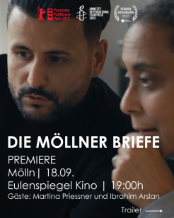 Filmplakat von Die Möllner Briefe. Es zeigt Betroffene vom Möllner Brandanschlag heute.
