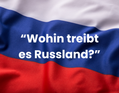 Russlandflagge mit den Farben Weiß, Blau, Rot. "Wohin treibt es Russland?"