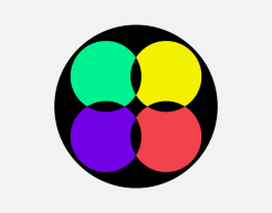 Auf grauem Hintergrund ein Schwarzer Kreis. In diesem Kreis sind vier weitere Kreise nebeneinander im 2x2 Format angelegt. Sie erscheinen in den Farben Grün (linksoben), Gelb (rechtsoben), Lila (linksunten) und Rot (rechtsunten).