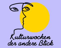 Logo der Kulturwochen mit Schriftzug "Kulturwochen. Der andere Blick". Links ein durch nur eine Linie gezeichnetes Gesicht vor einem gelben Kreis.