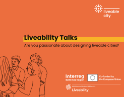 Orangener Hintergrund. Rechts oben in weißer Schrift "liveable city". In schwarzer Schrift mittig "Liveability Talks – Are you passionate designing liveable cities?"