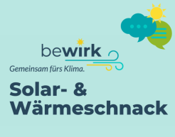 bewirk. Gemeinsam fürs Klima. Solar- & Wärmeschnack. In Dunkelblau auf türkisfarbenem Hintergrund.