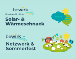 Auf türkisem Hintergrund ist das Logo von bewirk, sowie die Veranstaltungstitel zum Solar- und Wärmeschnack und zum Netzwerktreffen & Sommerfest zu sehen. Rechts befindet sich eine Sonne, eine Denk- und eine Sprechblase, darunter ist eine grüne Wiese mit Schafen, einer darüber stehenden Sonne und einer Wimpelkette zu sehen.