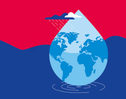 Roter und Blauer Hintergrund. Darauf zu sehen ein grafisch gemalter Wassertropfen, in dem die Welt/ die Kontinente abgebildet sind.