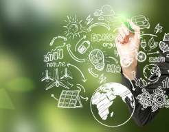 Im Hintergrund verschwommene Blätter. Im Vordergrund zeichnet eine Person mit Weiß digital verschiedene Symbole zum Thema erneuerbare Energien.