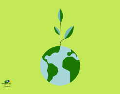Ein grüner Hintergrund. Darauf zu sehen ist eine Weltkugel. Aus ihr kommt eine Pflanze mit Blättern herausgewachsen. Unten Links im Bild ist das logo von ImagesOf.