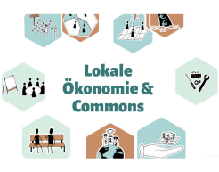 Illustration zum Thema „Lokale Ökonomie & Commons“ mit Symbolen für Zusammenarbeit, gemeinschaftliches Wirtschaften und lokale Initiativen, wie ein Repair-Café, ein Planungstreffen, ein Podest mit Pokalen und eine helfende Hand, die Gemeinschaft trägt.