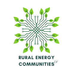 Das Logo des Projektes Rural Energy Comminities LV. Zu sehen ist eine Art Netz, dass sich mittig nach Außen hin ausweitet und am Ende grüße Blätter trägt. 