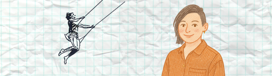 Eine Porträtzeichnung der Mitarbeiterin Sinja Möller. Neben ihr ist eine Zeichnung von einer Person, die schaukelt.