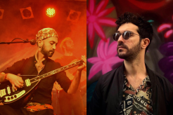 Links ist ein Porträt von Adir Jan auf der Bühne, er hält eine Tar in den Händen. Rechts ist das Portraät von Musiker Faarjam Saidi.
